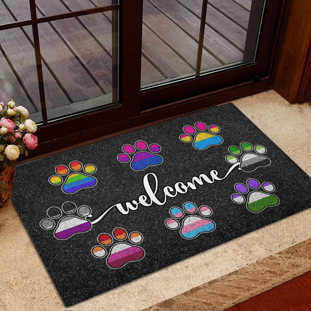 LGBT Welcome Doormat, Lgbtq Lgbt All Are Welcome Here Dog Cat Paw Rainbow Pride Month Welcome Doormat, Indoor Outdoor Doormat Home Decor
