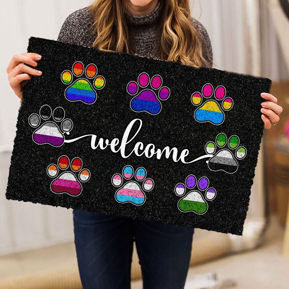 LGBT Welcome Doormat, Lgbtq Lgbt All Are Welcome Here Dog Cat Paw Rainbow Pride Month Welcome Doormat, Indoor Outdoor Doormat Home Decor