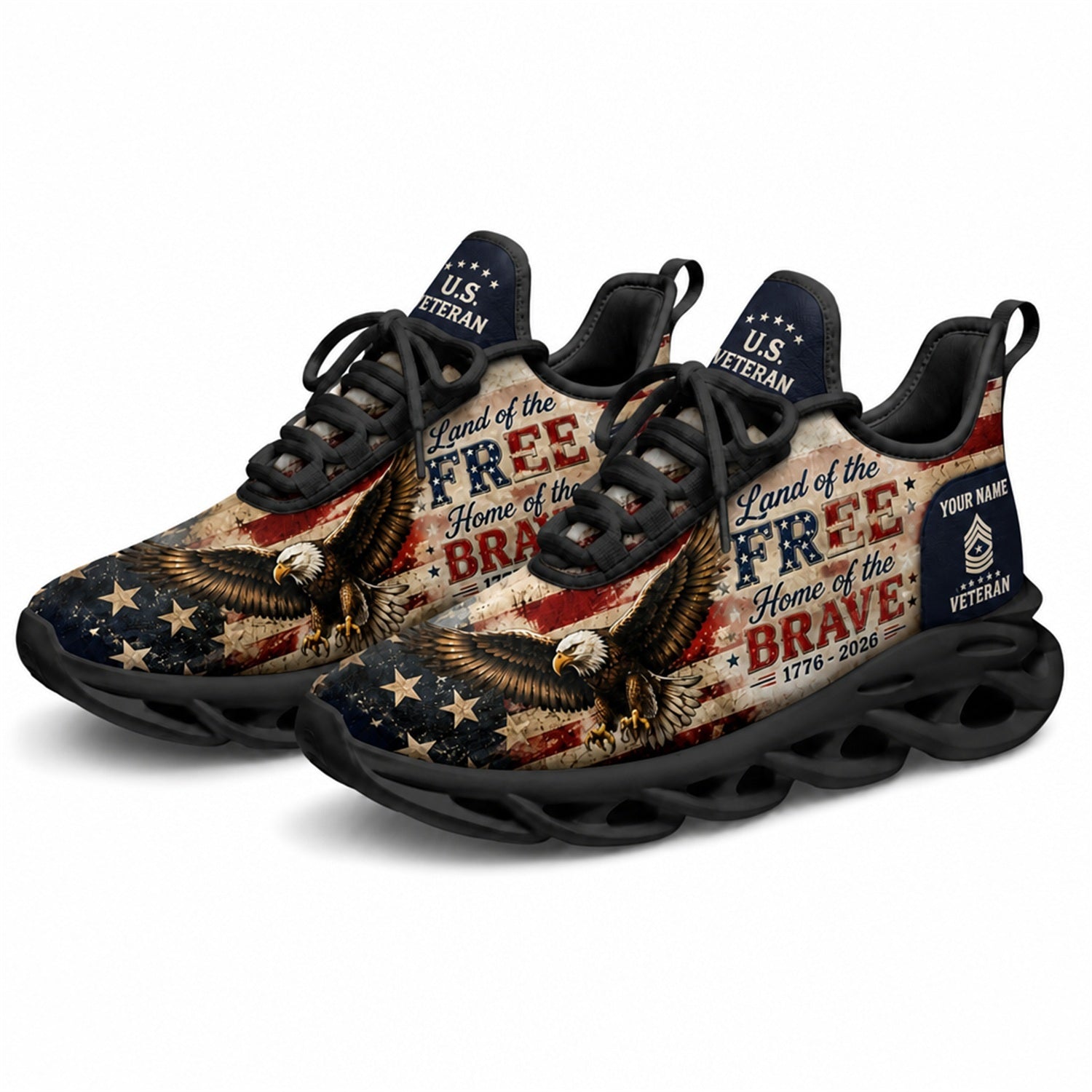 Custom Name Land Of The Free Because Of The Brave Max Soul Shoes, Veteran Sneaker