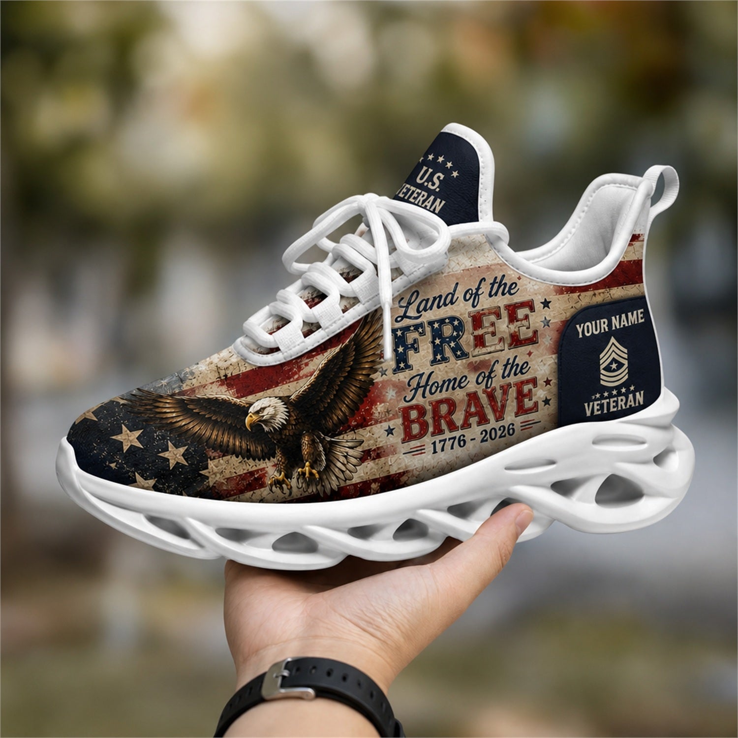 Custom Name Land Of The Free Because Of The Brave Max Soul Shoes, Veteran Sneaker