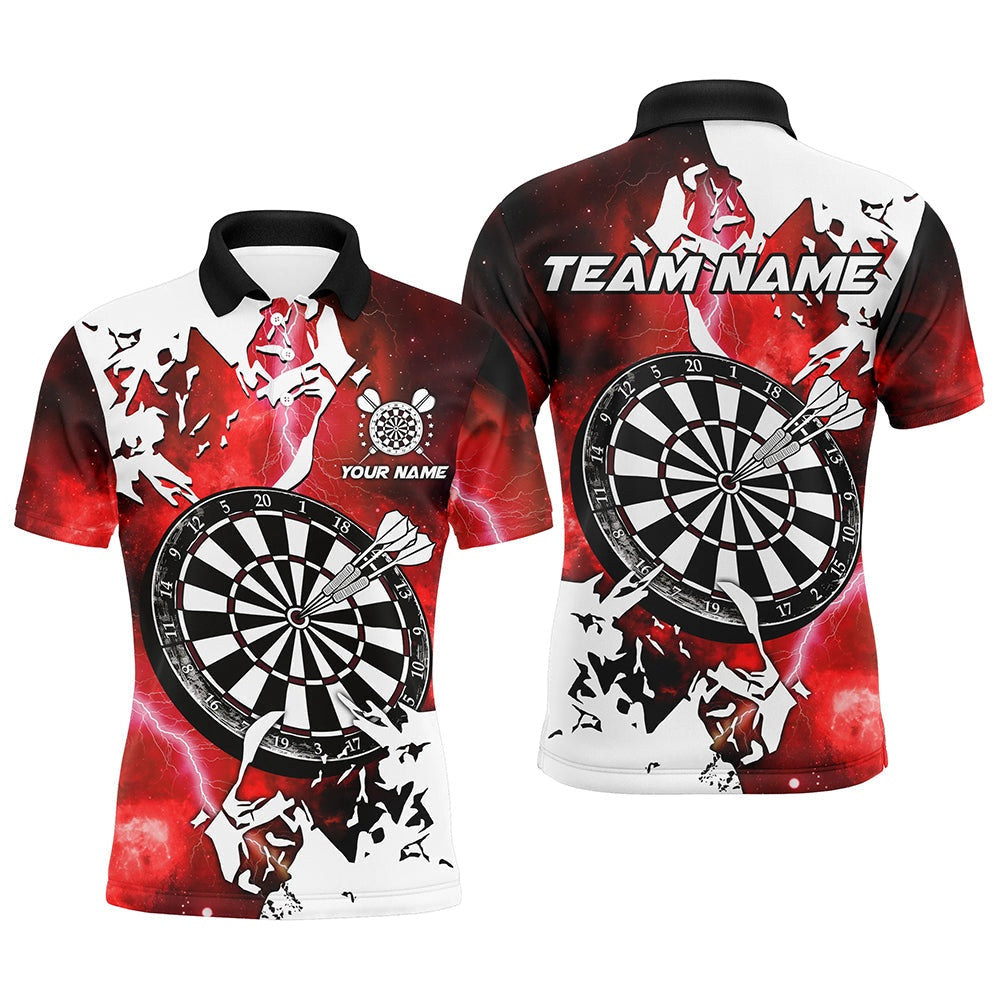 Lightning Grunge Dartboard Custom 3D Printed Darts Shirts For Men, Darts Team Polo Red, Darts Team Polo Shirt