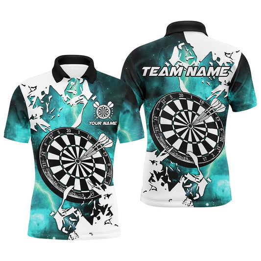 Lightning Grunge Dartboard Custom 3D Printed Darts Shirts For Men, Darts Team Polo Turquoise, Darts Team Polo Shirt