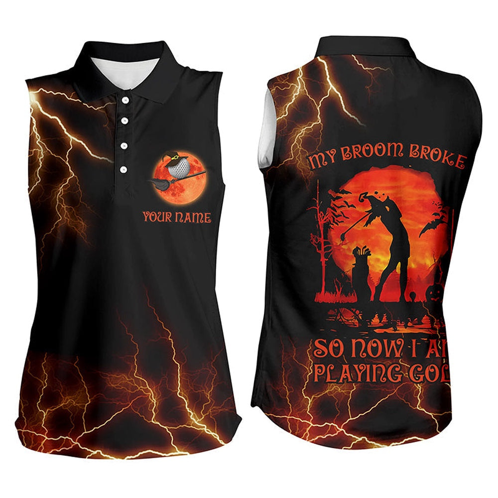 Lightning Womens Sleeveless Golf Shirts, Halloween Golf Gifts For Female Golfers, Scary Witch Shirt, Women Golf Shirts
