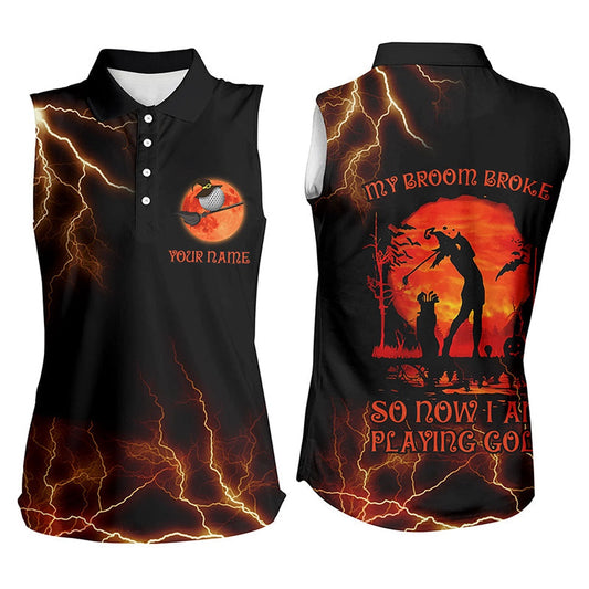 Lightning Womens Sleeveless Golf Shirts, Halloween Golf Gifts For Female Golfers, Scary Witch Shirt, Women Golf Shirts