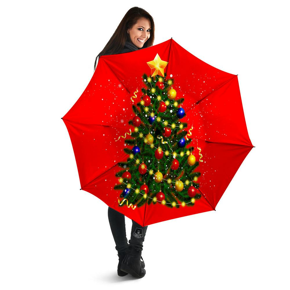 Lights Christmas Tree Print Umbrella, Christmas Umbrella, Xmas Umbrella