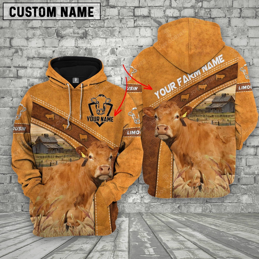 Limousin 3D Customized Name Farm Name Hoodie, Farmer Hoodie, Custom Farm Shirts, Farmer T Shirt