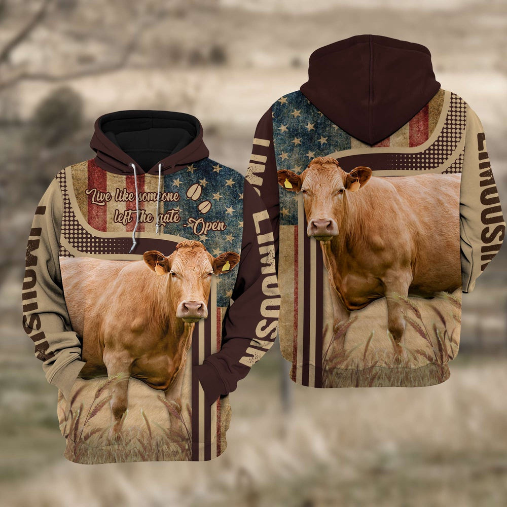 Limousin Cattle 3D American Flag Quotation Hoodie, Farmer Hoodie, Farm Themed Shirts, Farm Tee Shirts