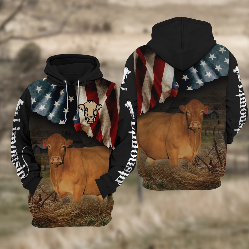 Limousin Cattle US Flag All Over Printed Hoodie TT, Farmer Hoodie, Farm Themed Shirts, Farm Tee Shirts