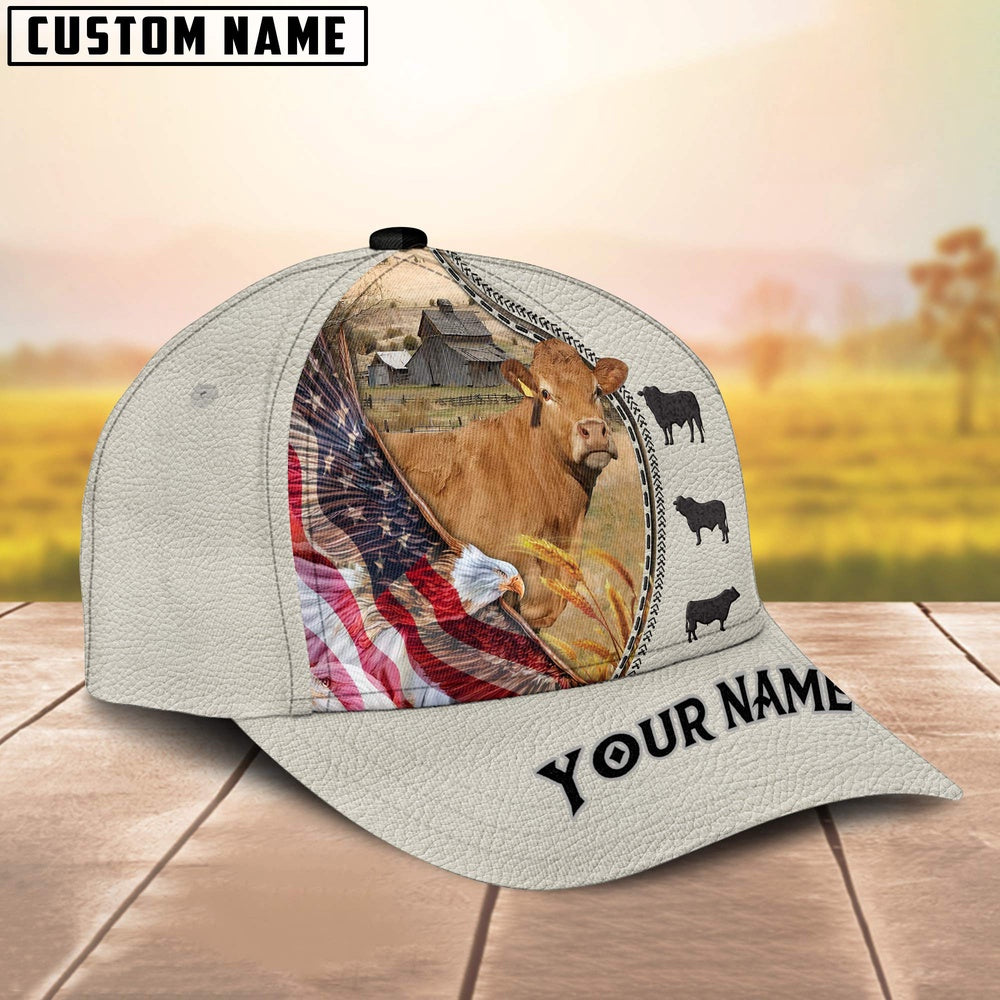 Limousin Eagle US Flag Leather Pattern Customized 3D Cap, Farmer Cap, Cap For Farmers, Best Farm Hat, Farm Use Hat