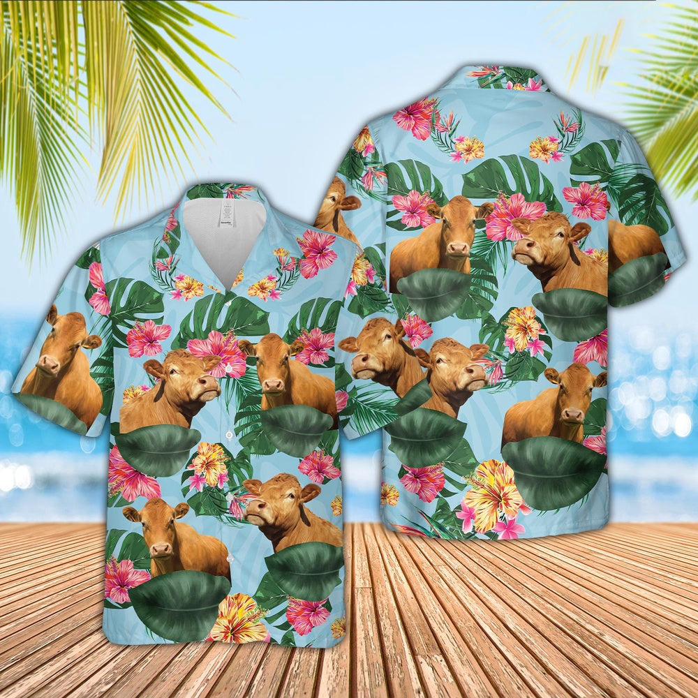 Limousin Flower Pattern Hawaiian Shirt, Farm Hawaiian Shirt, Farmer Hawaii