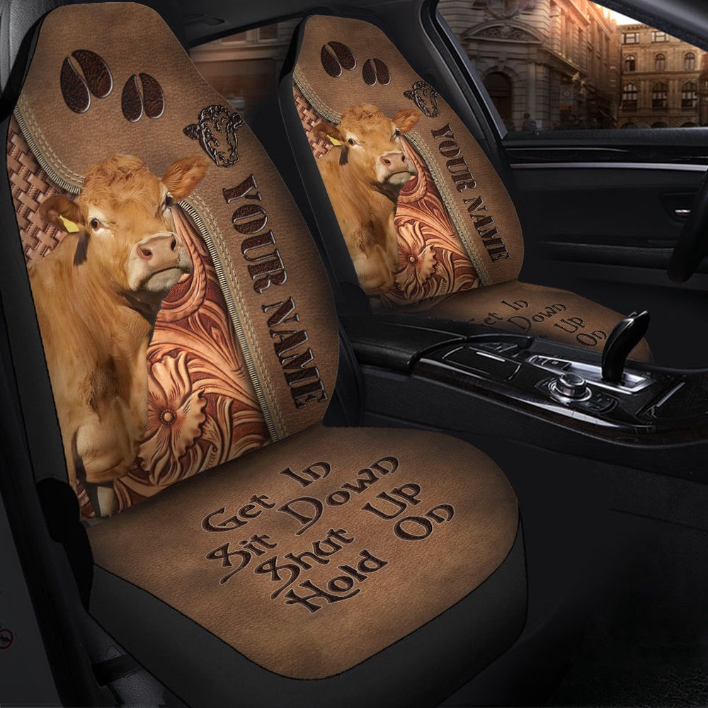 Limousin Leather Carving Customized Name Car Seat Cover, Car Seat Cover, Farm Car Seat Cover, Pet Seat Covers