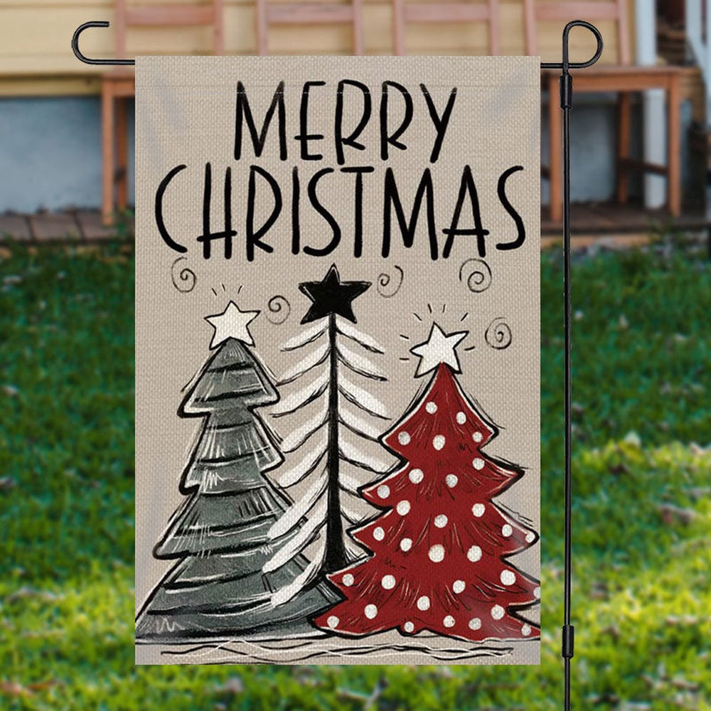 Line Xmas Tree Burlap Merry Christmas Garden FlagXmas, Garden Flags, Outdoor Xmas Flags, Christmas Outdoor Decor