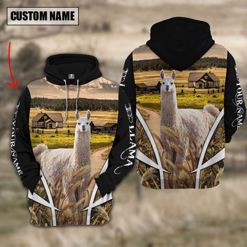 Llama Custom Name Meadow Pattern Black Hoodie, Farmer Hoodie, Custom Farm Shirts, Farmer T Shirt