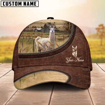 Llama On The Farm Customized Name Leather Pattern Cap, Farmer Cap, Cap For Farmers, Best Farm Hat, Farm Use Hat