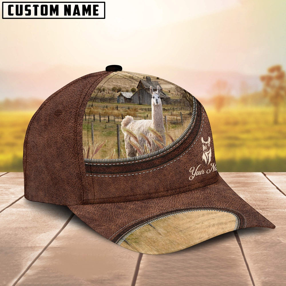 Llama On The Farm Customized Name Leather Pattern Cap, Farmer Cap, Cap For Farmers, Best Farm Hat, Farm Use Hat
