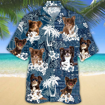 Long Haired Chihuahua Hawaiian Tropical Plants Pattern Blue And White All Over Printed Hawaiian Shirt, Farm Hawaiian Shirt, Farmer Hawaii