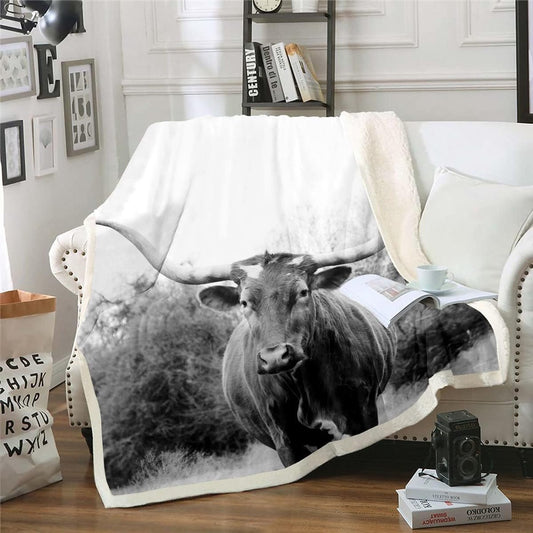 Longhorn Grey Cattle 3D Printed Blanket, Farm Blanket, Farm Animal Blanket