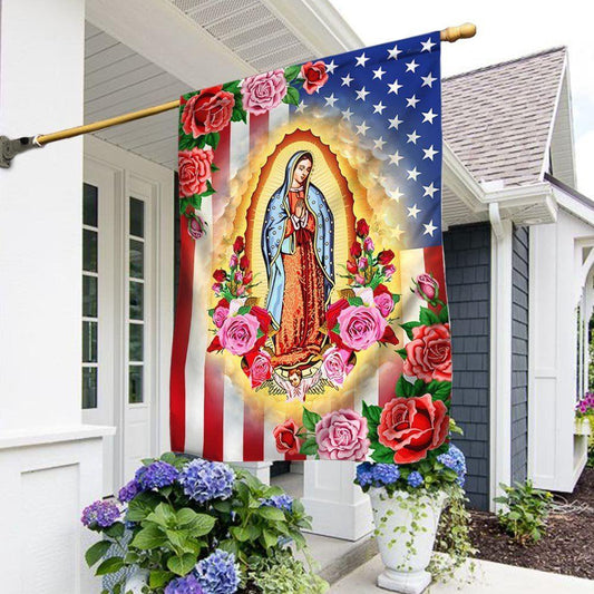 Mary, Mother of Jesus. Our Lady of Guadalupe American Flag, Christmas Outdoor Decor Decoration