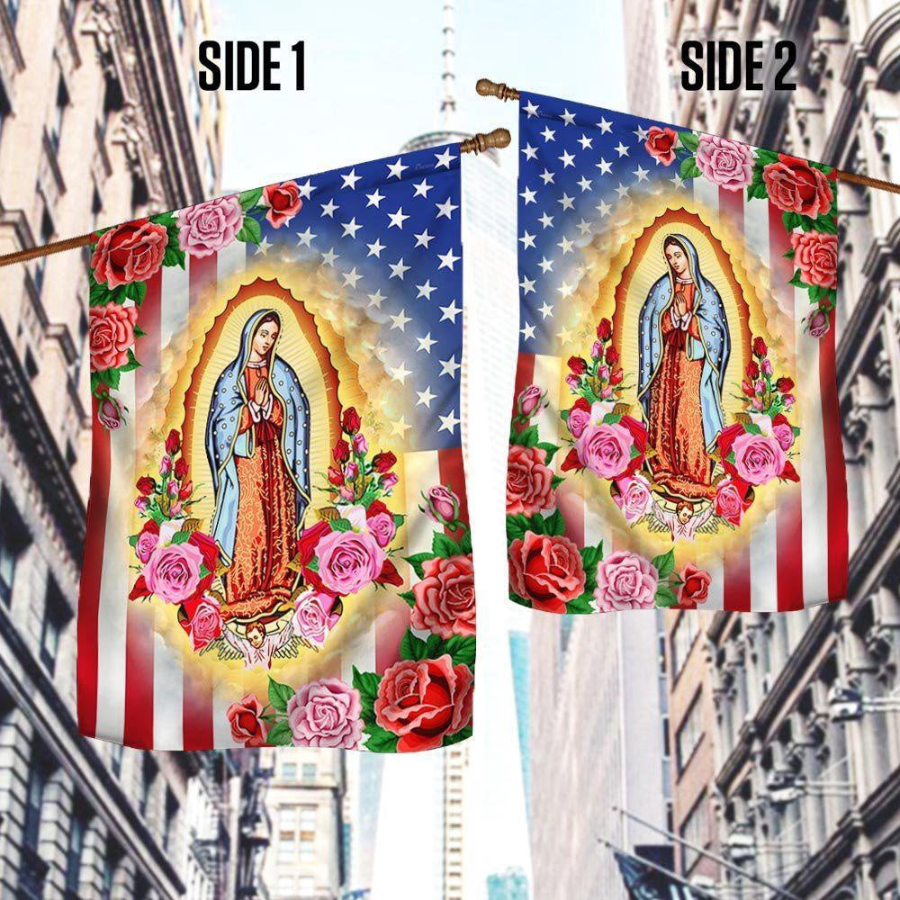 Mary, Mother of Jesus. Our Lady of Guadalupe American Flag, Christmas Outdoor Decor Decoration