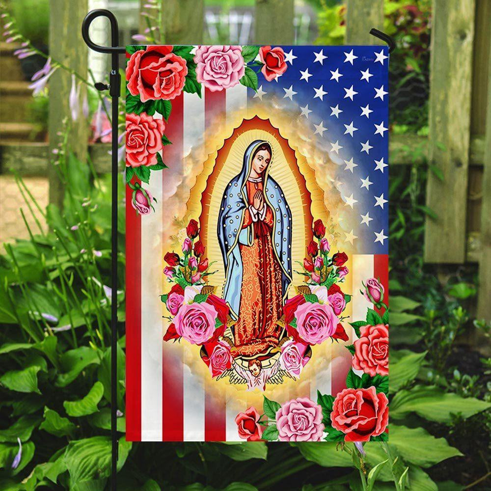 Mary, Mother of Jesus. Our Lady of Guadalupe American Flag, Christmas Outdoor Decor Decoration