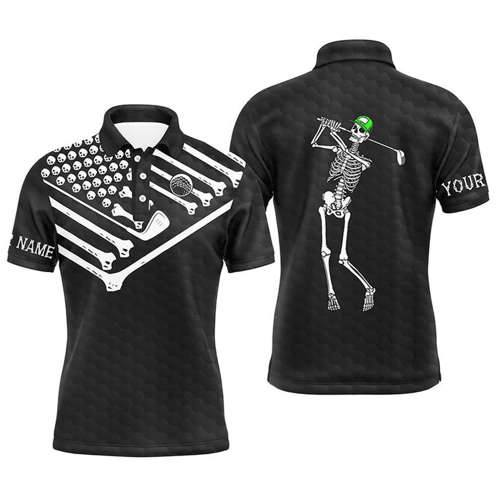 Mens Golf Polo Shirt Skeleton American Flag Custom Black White Halloween Shirt, Golf Polo Shirts