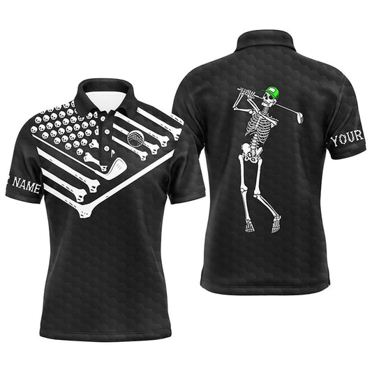 Mens Golf Polo Shirt Skeleton American Flag Custom Black White Halloween Shirt, Golf Polo Shirts