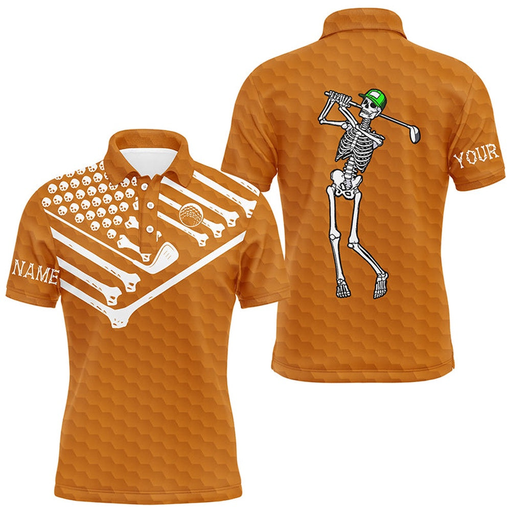 Mens Golf Polo Shirt Skeleton American Flag Custom White And Orange Halloween Shirts, Golf Polo Shirts