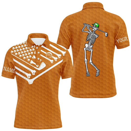 Mens Golf Polo Shirt Skeleton American Flag Custom White And Orange Halloween Shirts, Golf Polo Shirts