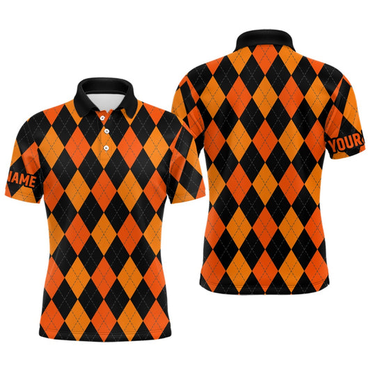 Mens Golf Polo Shirts Custom Orange And Black Argyle Plaid Halloween Pattern Golf Attire, Golf Polo Shirts