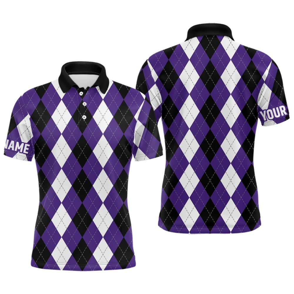 Mens Golf Polo Shirts Custom Purple Argyle Plaid Halloween Pattern Golf Attires, Golf Polo Shirts