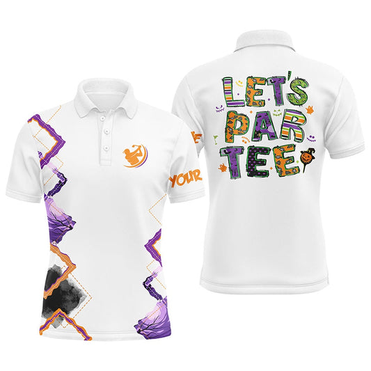 Mens Golf Polo Shirts Orange Purple Custom Let's Par Tee Halloween White Golf Shirts, Golf Polo Shirts