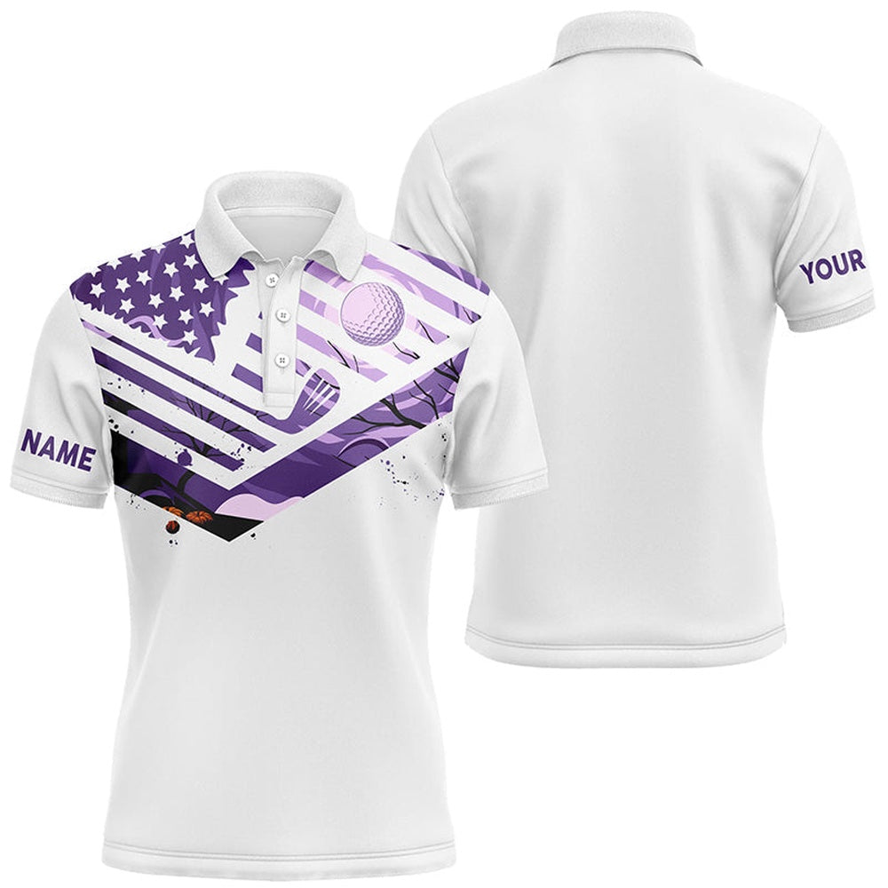 Mens Golf Polo Shirts Purple American Flag Custom Halloween White Golf Shirt, Golf Polo Shirts