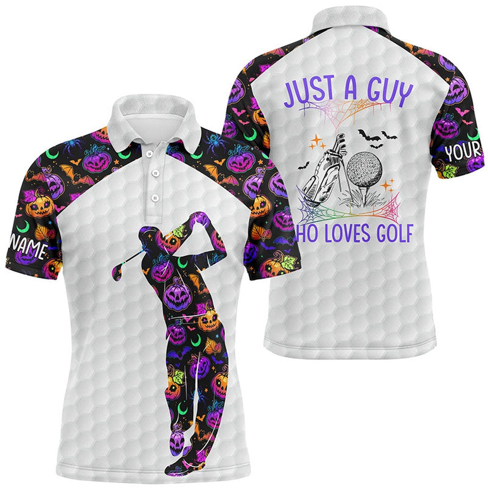 Mens Halloween Golf Shirt, Multicolored Pumpkins And Bats Golf Shirts, Halloween Golf Gifts, Golf Polo Shirts