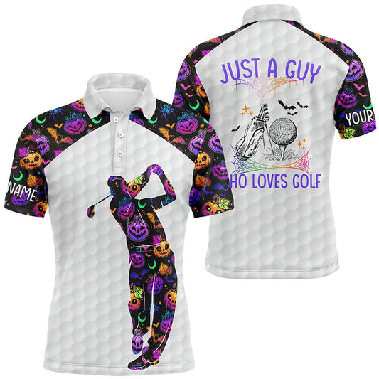 Mens Halloween Golf Shirt, Multicolored Pumpkins And Bats Golf Shirts, Halloween Golf Gifts, Golf Polo Shirts