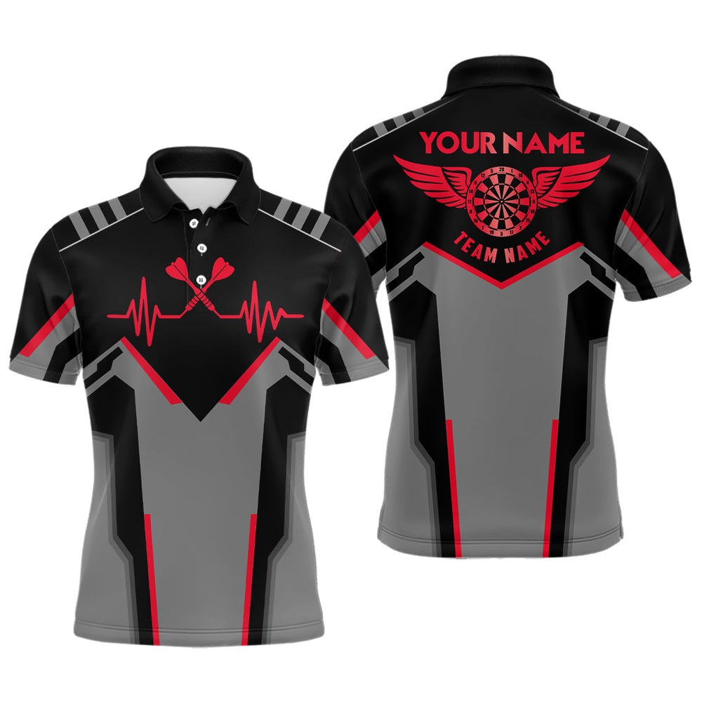Mens Heart Pulse Line Darts Polo Shirt Custom Red Heartbeat Dart Polo For Men, Darts Team Polo Shirt