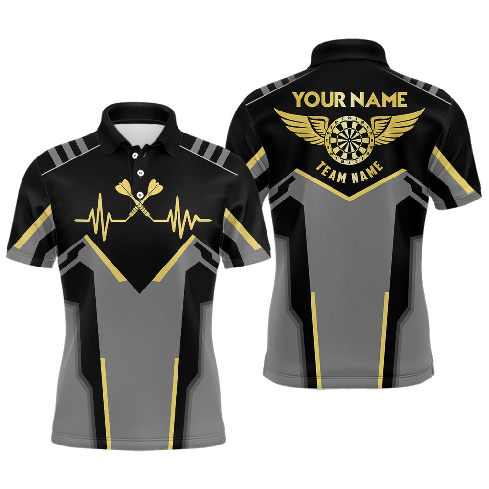 Mens Heart Pulse Line Darts Polo Shirt Custom Yellow Heartbeat Dart Polo For Men, Darts Team Polo Shirt