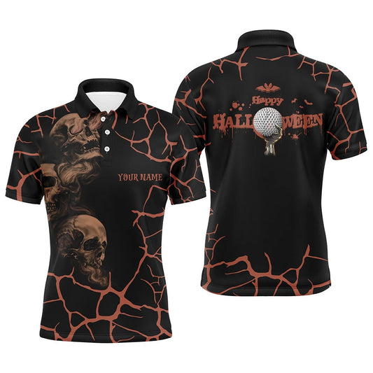 Mens Orange Happy Halloween Skull Golf Polo Shirts Spooky Halloween Golf Gift Idea, Golf Polo Shirts