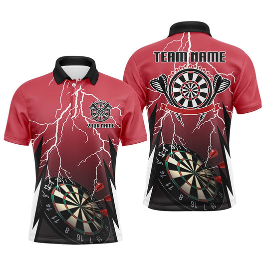 Mens Personalized Red Lightning Darts Polo Shirt Custom Thunder Darts Polo For Men, Darts Team Polo Shirt