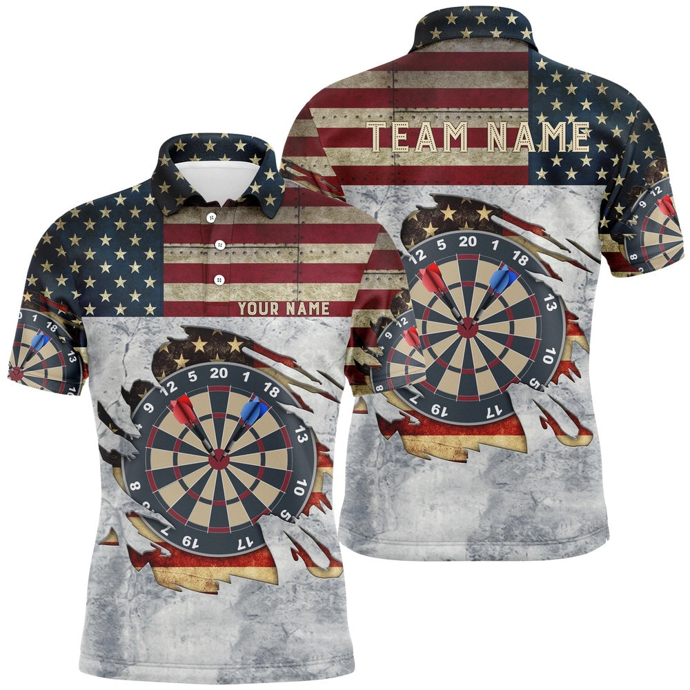 Mens Retro American Flag Darts Polo Shirt Custom Name Patriotic Darts Polo For Men, Darts Team Polo Shirt