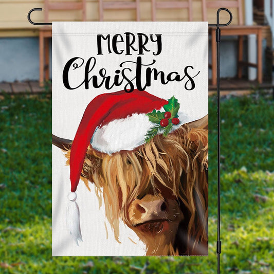 Merry Christmas Cow Santa Hat Burlap Garden FlagXmas, Garden Flags, Outdoor Xmas Flags, Christmas Outdoor Decor