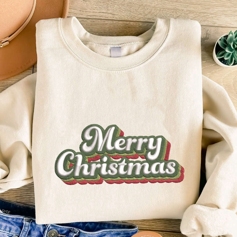 Merry Christmas Embroidered Sweatshirt, Christmas Embroidered Sweatshirt For Family, Christmas Embroidered, Christmas Gifts