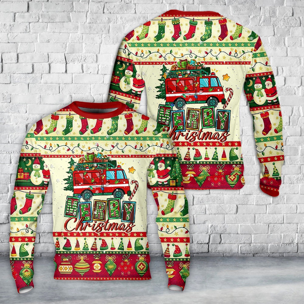 Merry Christmas Fire Truck Christmas Sweater, Christmas Ugly Sweater, Sweater Xmas, Ugly Sweater