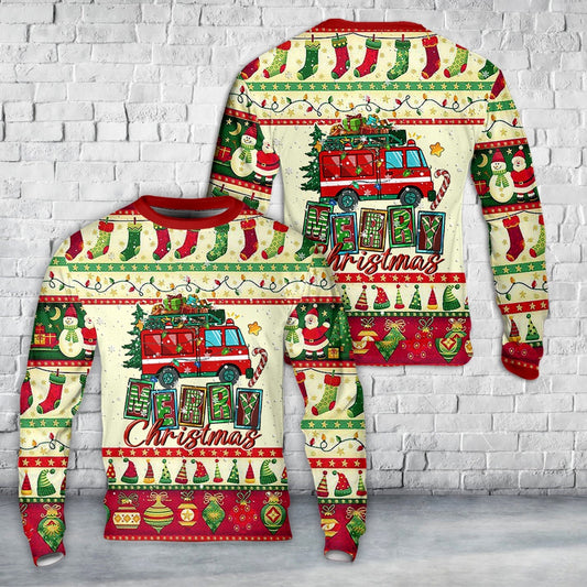 Merry Christmas Fire Truck Christmas Sweater, Christmas Ugly Sweater, Sweater Xmas, Ugly Sweater