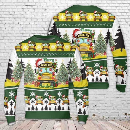 Merry Christmas School Bus Christmas AOP Sweater, Christmas Ugly Sweater, Sweater Xmas, Ugly Sweater