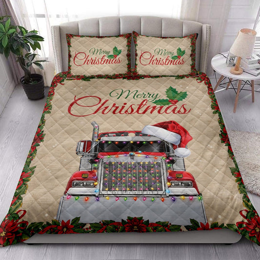 Merrymas Red Truck With Santa Hat Trucker Bedding Set, Christmas Beddings, Xmas Bedding Sets