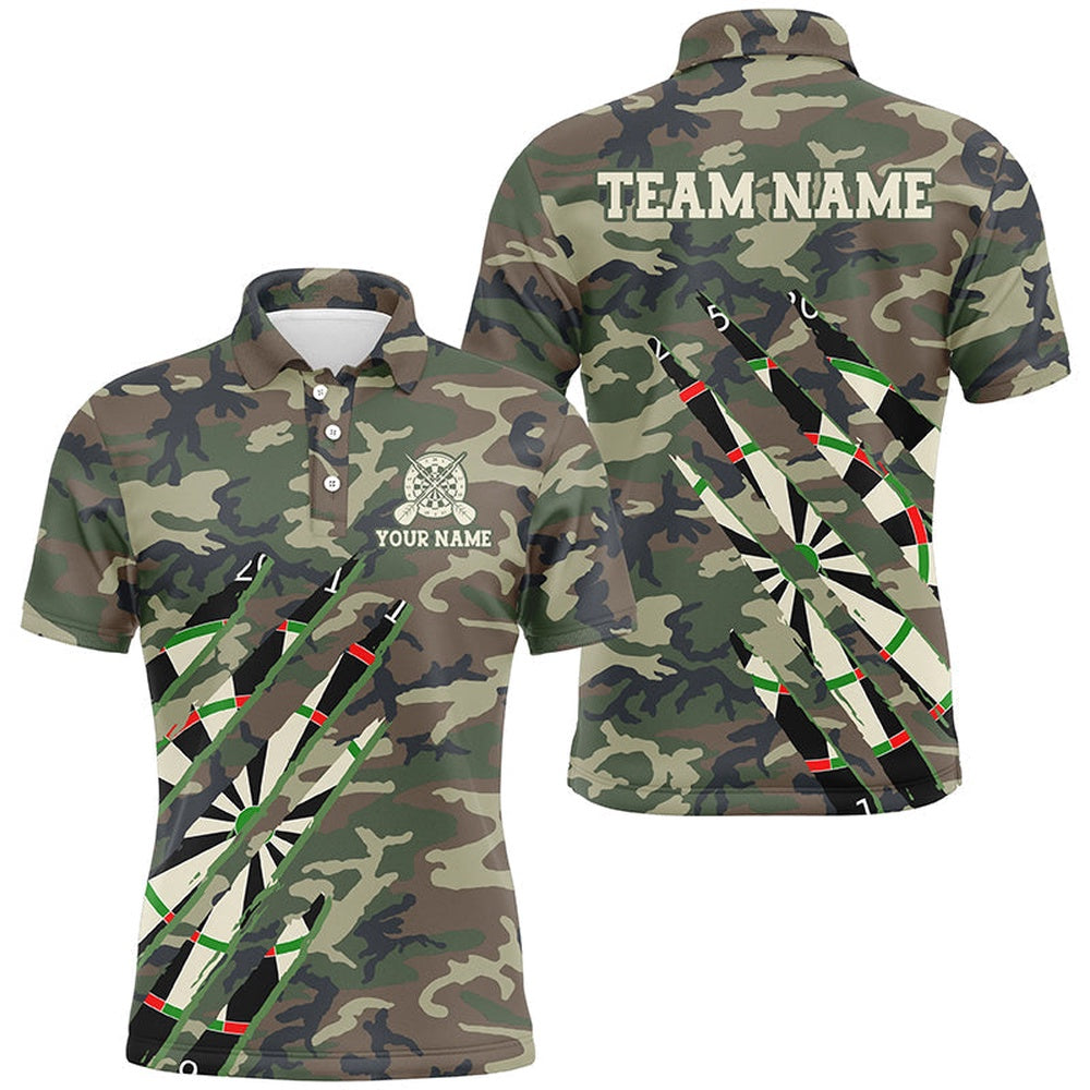 Military Green Camo Custom Men Darts Polo Shirts, Personalized Army Darts Team Shirts, Darts Team Polo Shirt