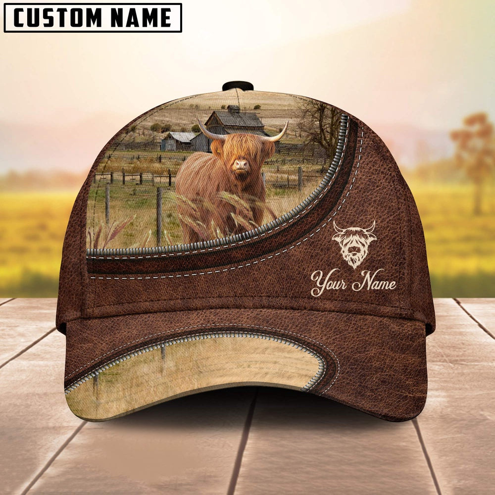 Miniature Highland On The Farm Customized Name Leather Pattern Cap, Farmer Cap, Cap For Farmers, Best Farm Hat, Farm Use Hat