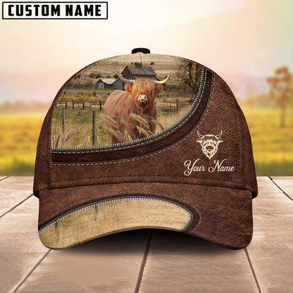 Miniature Highland On The Farm Customized Name Leather Pattern Cap, Farmer Cap, Cap For Farmers, Best Farm Hat, Farm Use Hat