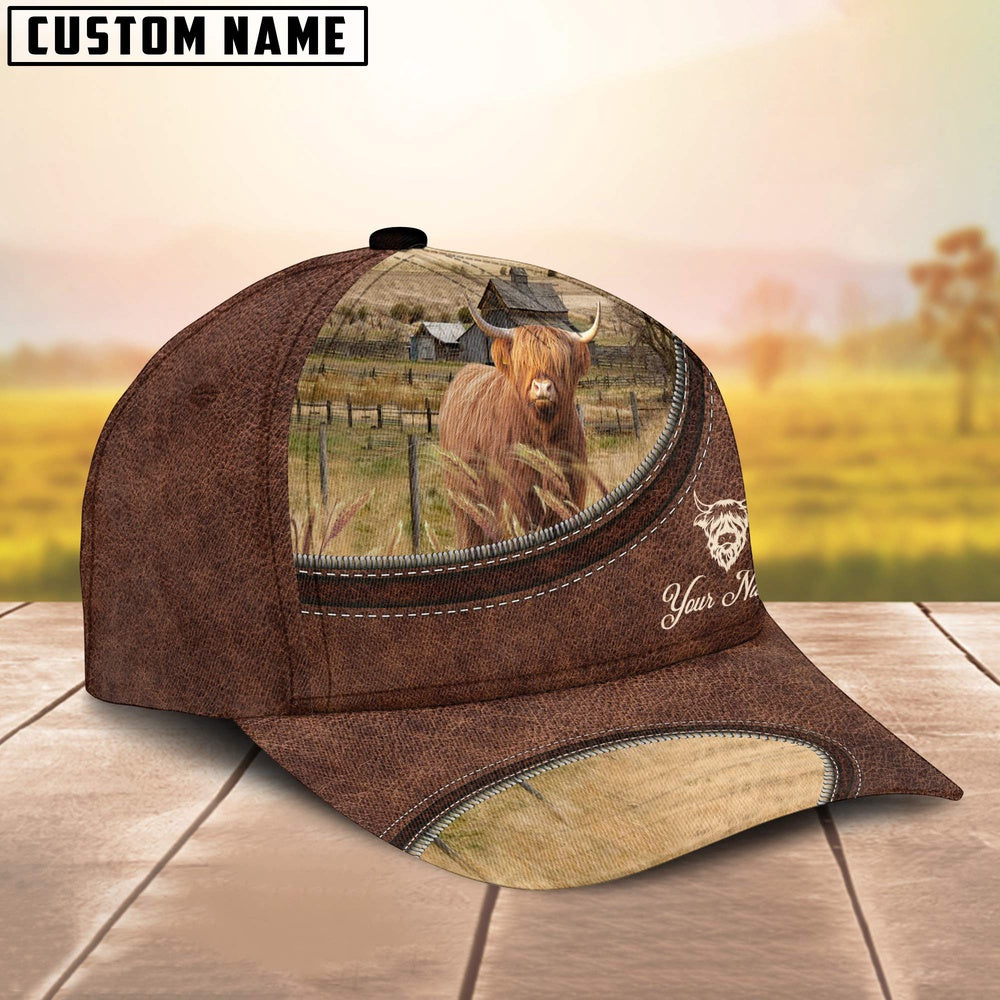 Miniature Highland On The Farm Customized Name Leather Pattern Cap, Farmer Cap, Cap For Farmers, Best Farm Hat, Farm Use Hat