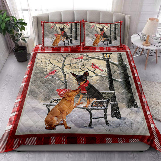 Miniature Pinscher Hellomas Snowflake Winter Park Holiday Bedding Set, Christmas Beddings, Xmas Bedding Sets